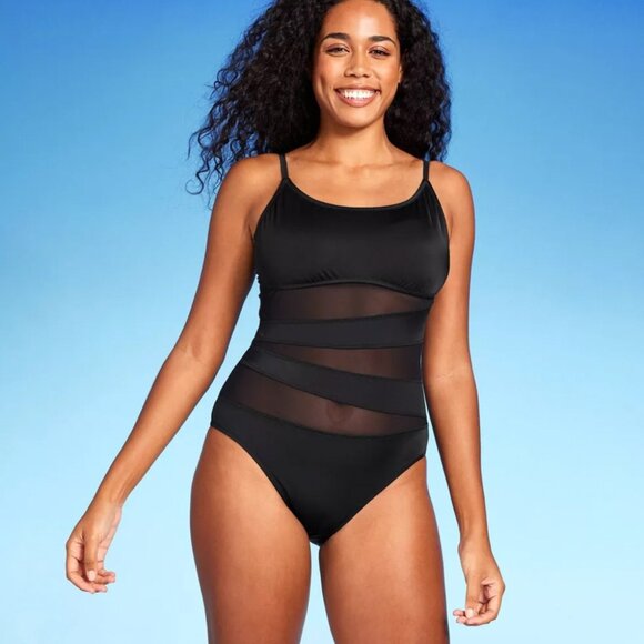 Shade & Shore™ Women's Black Mesh Front One Piece Swimsuit - Picture 1 of 7